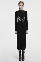 Schwarzes Langarmkleid mit Skelettdruck und Cutout für Damen im Gothic-Stil
